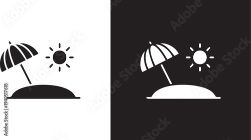 Simple illustration of beach scene with umbrella and sun on contrasting backgrounds showcasing negative space and dual color scheme effectively in a minimalist design
