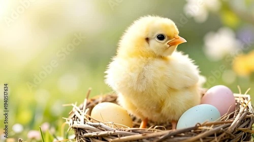 Fluffy yellow chick standing in a decorative bird nest with colorful eggs. Baby bird for Easter celebration. Nature wildlife scene representing spring season life.