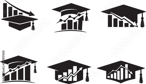 Graduation cap with up and down finance bar chart concept for education economy decline