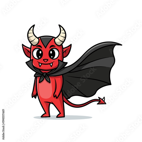 Cute Red Devil Character with Black Cape and Horns, Cartoon Style