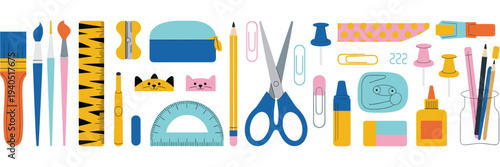 Assorted colorful school and supplies arranged horizontally 1