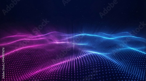 An abstract digital landscape of glowing blue and purple particles forming a waving data field and neural network communication flow.