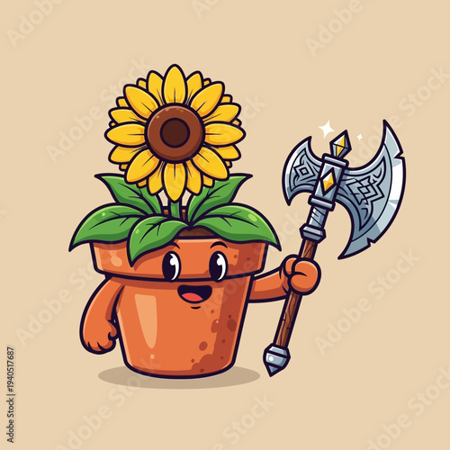 Cute Sunflower Warrior in Pot Holding Axe, Funny Cartoon Character
