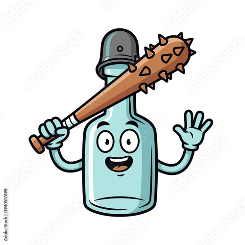 Funny cartoon bottle character with spiked bat and helmet, waving hello