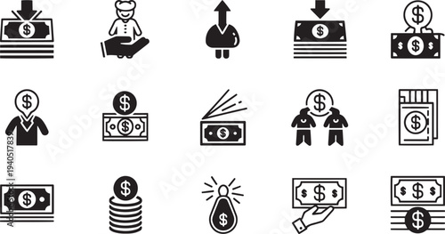 Financial Banking and Cash Transaction Glyph Icon Set with Dollar Bills Money Stacks Wealth Management and Personal Savings Symbols