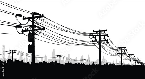 A stark black silhouette of power lines and a distant cityscape against a bright white backdrop silhouette high quality professional detailed