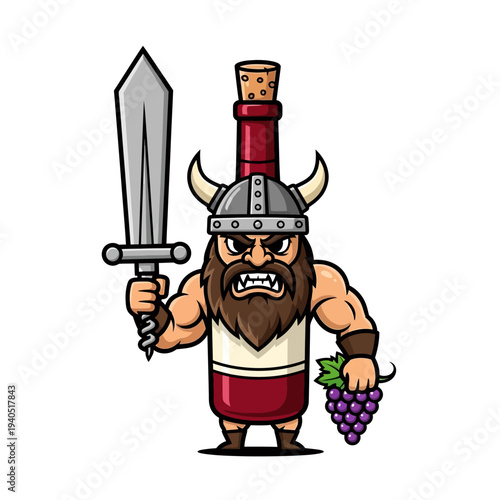 Viking Wine Bottle Warrior Holding Sword and Grapes