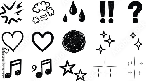 Large collection of hand drawn black doodle icons with stars, hearts, music notes, exclamation marks, and sparkling decorative elements,