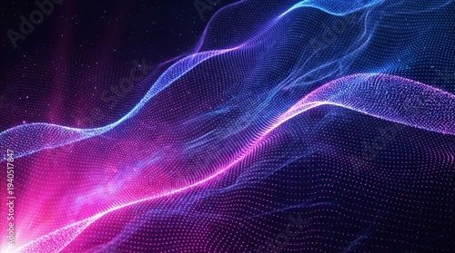 Dynamic abstract visualization of glowing blue and pink digital waves representing neural network data flow and high-speed fiber optic connectivity.