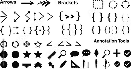 Large collection of black vector icons with arrows, brackets, stars, check marks, and annotation tools for web design and documentation,