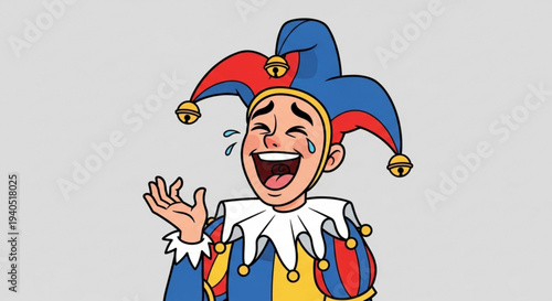 Laughing jester in colorful costume crying tears of joy comedic character with jester's hat and exaggerated expression