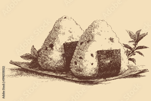 Japanese Onigiri illustration in a vintage style. This vector illustration can be used in any size you like for advertising, logos, and other work.