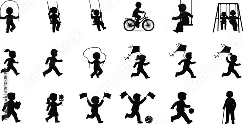 Children activity silhouette vector set featuring jumping rope, swinging, cycling, running, kite flying, ball play, and outdoor fun