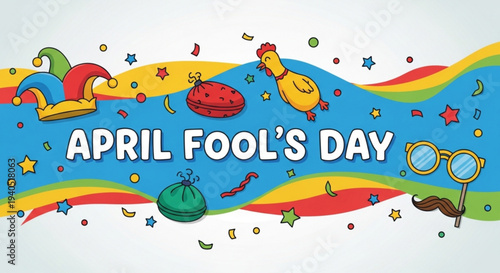 April fool's day banner with colorful illustrations and jester hat on blue background with rainbow waves