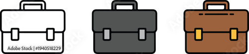 Minimal briefcase icon set with outline dark gray and brown variations business bag vector illustration isolated on white
