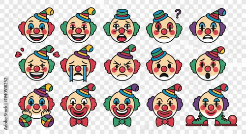 Collection of cartoon clown faces with various emotions on transparent background