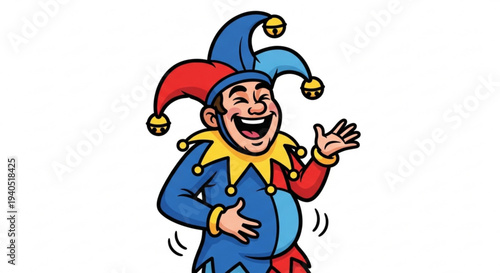 Laughing jester in blue and red jester's hat gestures with hand on white background