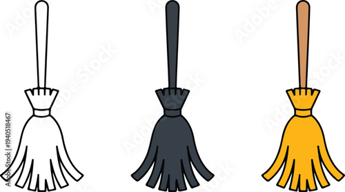 Minimal broom cleaning tool icon set with outline dark gray and yellow variations household vector illustration
