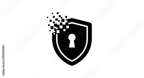 Shield with keyhole and digital pixels.