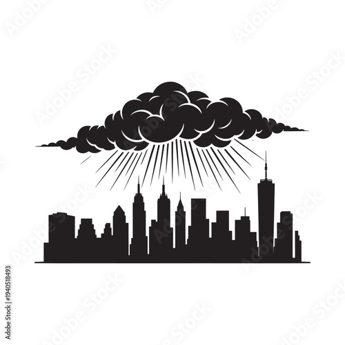 A striking black and white illustration depicts a city skyline under a dramatic sun bursting cloud
