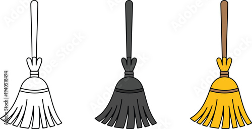 Minimal broom cleaning tool icon set with outline dark gray and yellow variations household vector illustration
