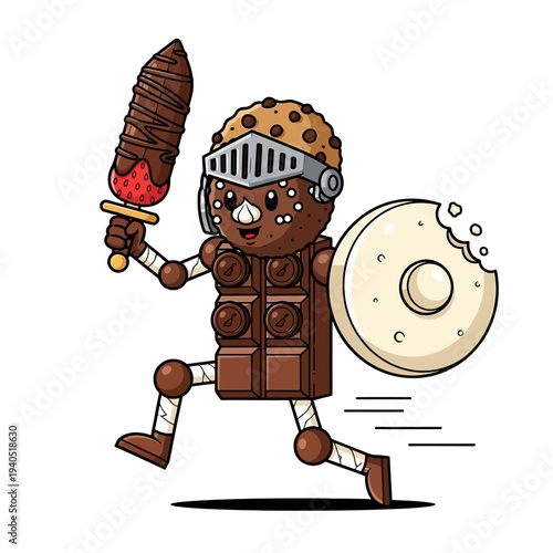 Chocolate Knight Warrior with Strawberry Sword and Donut Shield, Funny Food Character