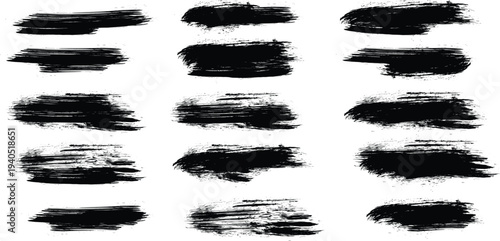 Set of 16 black brush strokes vector