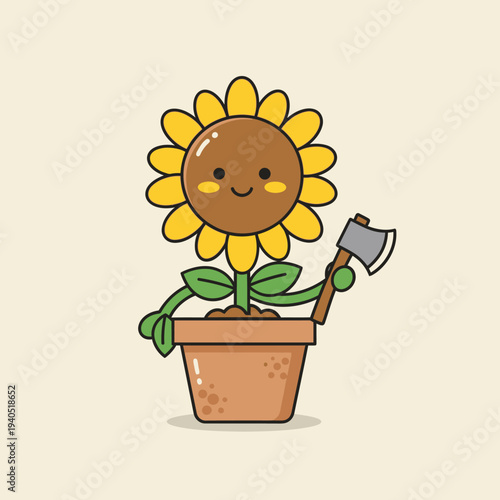 Cute Cartoon Sunflower in Pot Holding Axe, Funny Plant Character with Tool