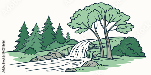 Serene forest landscape with waterfall cascading into river, surrounded by lush greenery and trees.