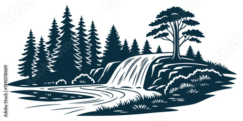 Serene forest landscape with cascading waterfall into a river, surrounded by evergreen trees and lush greenery, natural scenery.