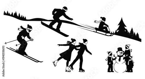 A winter scene depicting skiers snowboarders ice skaters and a snowman in a striking black silhouette high quality professional detailed modern