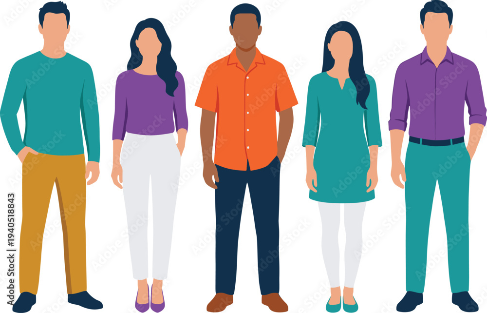 Obraz premium Diverse group of multiracial men and women standing together in casual stylish clothing, flat vector illustration for community diversity