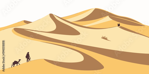 Serene desert landscape with golden sand dunes, soft shadows, and a person walking with a camel.
