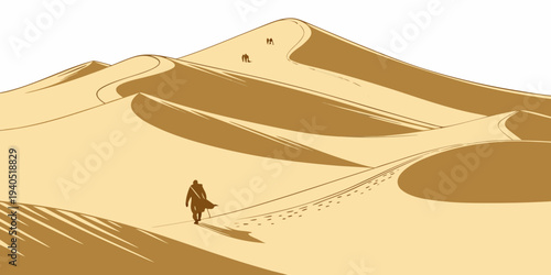 A lone traveler walks through golden desert dunes with soft shadows, minimal landscape illustration.
