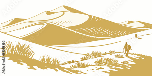 Golden desert landscape with a lone hiker walking towards sand dunes at sunset, minimal illustration style.