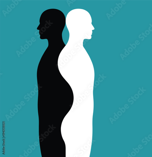 Black and white human silhouettes standing back to back, symbolizing duality, mental health, psychology, balance, and inner conflict