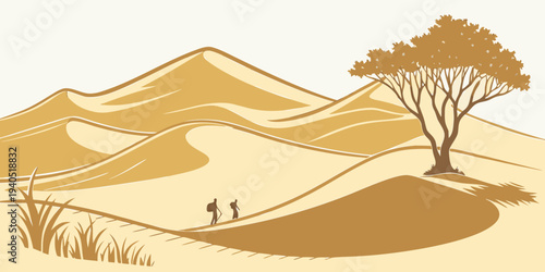 Minimalist desert landscape with golden dunes, soft shadows, and a tree, two people walking in distance.