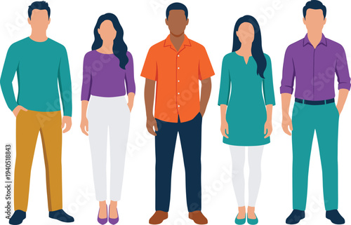 Diverse group of multiracial men and women standing together in casual stylish clothing, flat vector illustration for community diversity