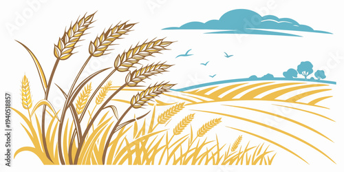 Golden wheat field under a serene blue sky with clouds and flying birds, a peaceful landscape illustration.