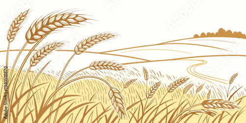 Golden wheat field under a serene blue sky with rolling hills landscape vector illustration
