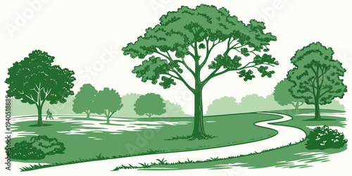 Green eco park with trees and grass, clean flat design for environmental and nature concepts.