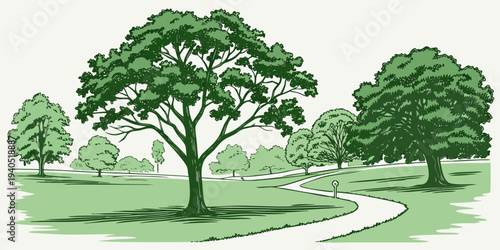 Green eco park with trees and grass, clean flat design illustration for environmental and conservation concepts.