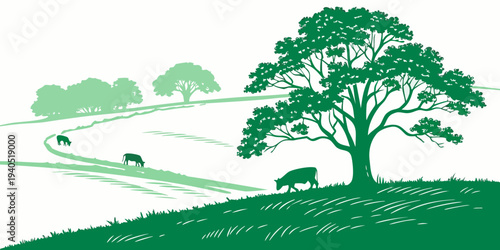 Serene countryside landscape with grazing cattle under a majestic tree in a lush green pasture, minimalist flat illustration.