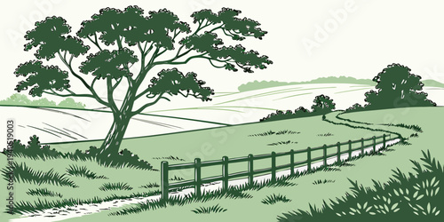 Serene green pasture landscape with wooden fence lines and trees in a flat countryside setting.