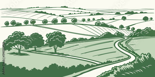 Aerial view of a serene green valley farmland with rolling hills, trees, and a winding road in a minimalist flat illustration style.