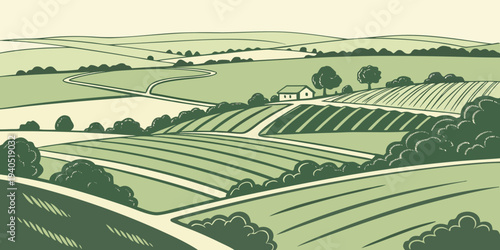 Aerial view of a serene green valley farmland with rolling hills, trees, and a house in the distance, minimal flat illustration.