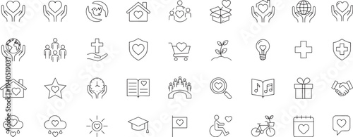 Charity and Donation Line Icons Set – Volunteer Support, Community Care, Nonprofit Organization and Humanitarian Aid Outline Vector Collection