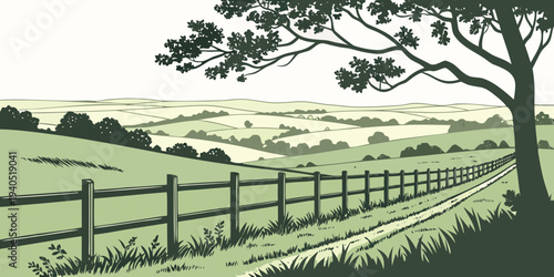 Serene green pasture landscape with wooden fence lines and tree, rolling hills in background, peaceful countryside scene.