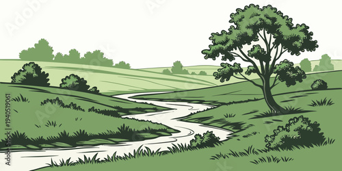 Serene green valley landscape with a winding river and lush countryside scenery, perfect for nature and tranquility themes.