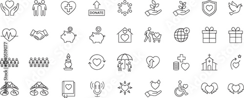 Charity and Donation Line Icons Set – Volunteer, Nonprofit Support, Community Care and Helping Hands Outline Vector Collection